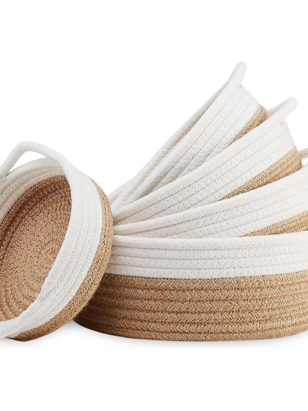 5-Piece Round Woven Cotton Rope Storage Baskets for Organizing, Small Shallow Ne